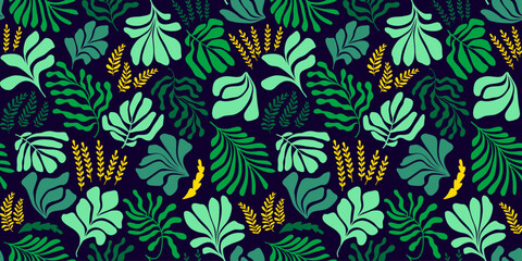 Abstract background with leaves and flowers, Matisse style. Vector seamless pattern with Scandinavian cut out elements.