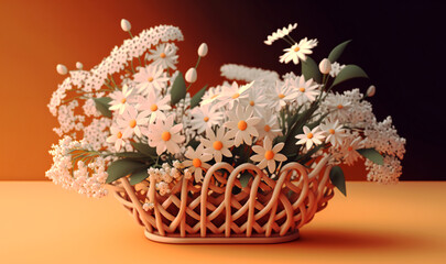 Fototapeta na wymiar A charming display of white flowers arranged in a wooden basket, set against a warm orange spring background