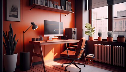 Small office interior, warm iced coffee orange colors, generative ai, with a table and chairs in the middle of the room with a plant in the corner of the room.