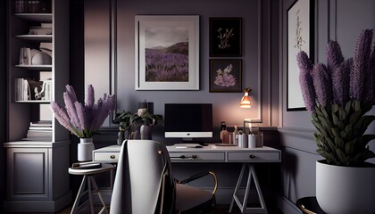 Small office interior, lavender and lilac colors, generative ai, with a table and chairs in the middle of the room with a plant in the corner of the room.