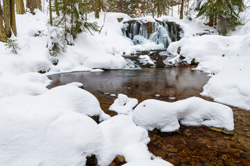 Waterfall, winter, snow, 
