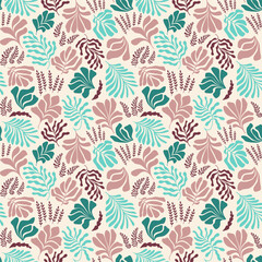 Abstract background with leaves and flowers, Matisse style. Vector seamless pattern with Scandinavian cut out elements.
