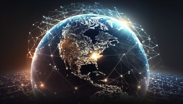 Digital globalized world globe, future, viewed from space, ai, cyber, technology created with generative ai technology