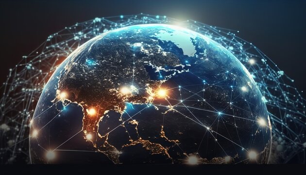 Digital globalized world globe, future, viewed from space, ai, cyber, technology created with generative ai technology