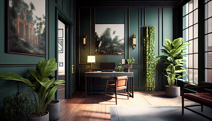 Small office interior, warm green colors, generative ai, with a table and chairs in the middle of the room with a plant in the corner of the room.
