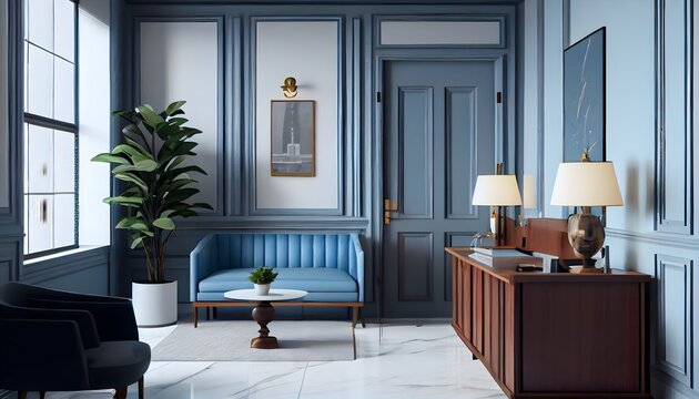 Modern living room, small and luxury office lobby with periwinkle blue color furniture, generative ai, with table and led lamp, large window with wall decor and picture frame