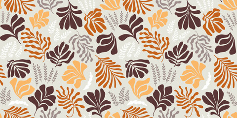 Abstract background with leaves and flowers, Matisse style. Vector seamless pattern with Scandinavian cut out elements.