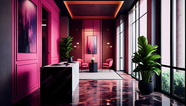 Modern living room, small and luxury office lobby with rose pink color furniture, generative ai, with table and led lamp, large window with wall decor and picture frame