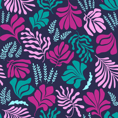 Abstract background with leaves and flowers, Matisse style. Vector seamless pattern with Scandinavian cut out elements.