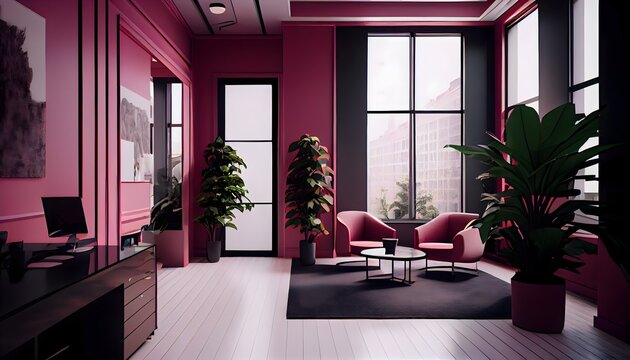 Modern living room, small and luxury office lobby with rose pink color furniture, generative ai, with table and led lamp, large window with wall decor and picture frame