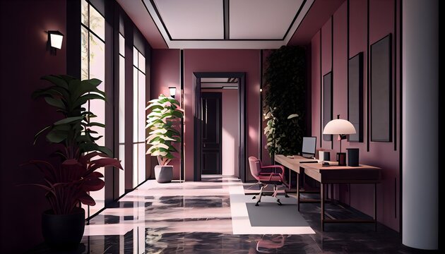 Modern living room, small and luxury office lobby with rose pink color furniture, generative ai, with table and led lamp, large window with wall decor and picture frame