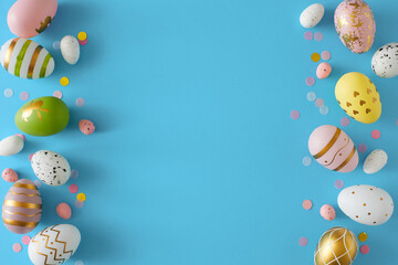 Easter decorations concept. Flat lay photo of color eggs and confetti on pastel blue background with copyspace. Easter card idea.