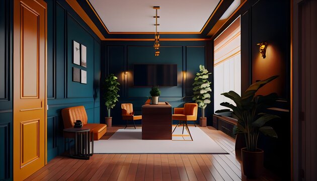 Modern living room, small brown and green office lobby with tawny orange color furniture, generative ai, with table and led lamp, large window with wall decor and picture frame