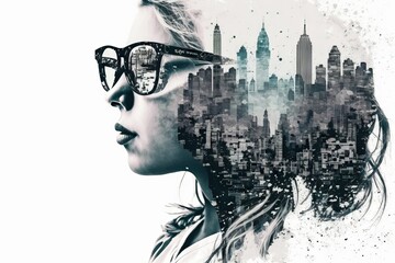 Conceptual double exposure: woman in sunglasses and megalopolis. Career growth. Urban citizen. Non-real person. AI generated