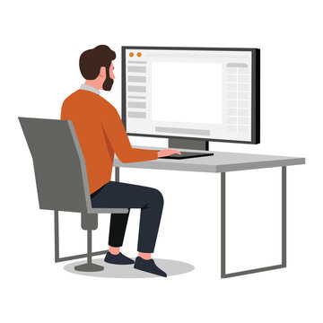 Man working on a computer. View from his back flat vector illustration