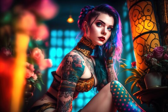 A beautiful woman with tattoos and purple hair wearing short clothes and knee socks, generative ai