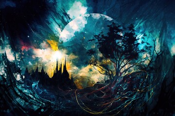 A colorful abstract oil painting-style dark landscape with a blue planet in the sky, generative ai
