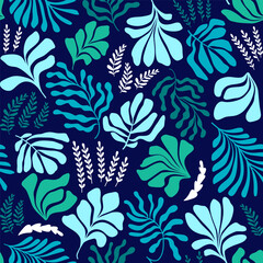 Abstract background with leaves and flowers, Matisse style. Vector seamless pattern with Scandinavian cut out elements.