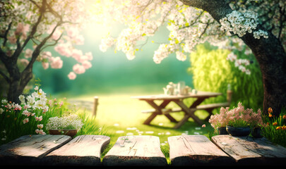 Fototapeta na wymiar Picturesque spring setting with a table amidst blooming trees and a sunny garden in the background