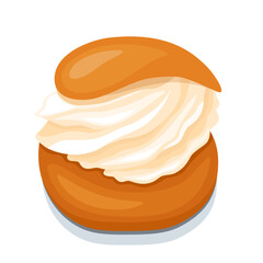 Vector semla icon, traditional swedish bun, scandinavians sweets, illustration of choux roll with whipped cream for poster, banner, menu design.