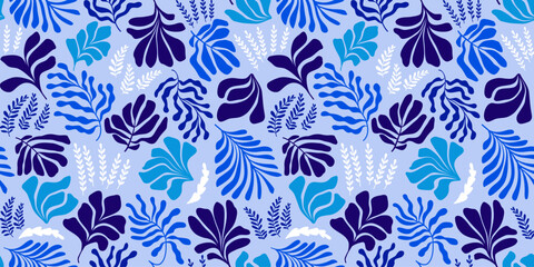 Abstract background with leaves and flowers, Matisse style. Vector seamless pattern with Scandinavian cut out elements.