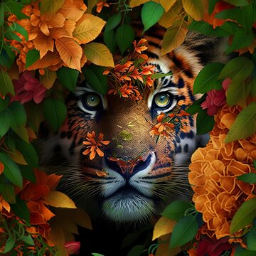 Tiger in Flowers. Digital art. Abstract Animal Wallpaper AI