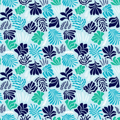 Abstract background with leaves and flowers, Matisse style. Vector seamless pattern with Scandinavian cut out elements.