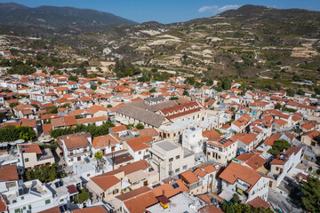 Fototapeta na wymiar Aerial view of Omodos village with Monastery of the Holy Cross in Troodos Mountains on Cyprus island country