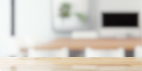 Empty wooden table top with out of focus modern office background with screen and plants, object or infographic background mockup template