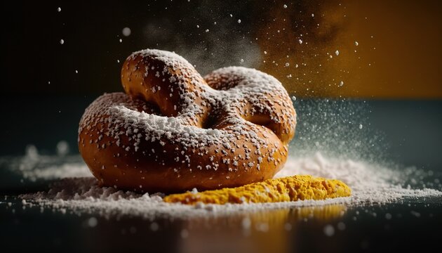 a couple of doughnuts sitting on top of a table covered in powdered sugar on top of a yellow corn coutch.  generative ai