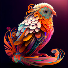 Obraz premium An abstract red bird with curved tail feathers on dark red backgound, Ai generated