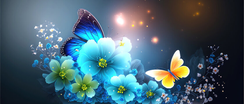 Glowing background with Flowers, butterflys and place for text. Generative AI