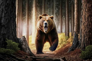 Frightening and terrifying attack by a grizzly brown bear, he runs along the trail and growls with his fangs. Accident in the forest. AI generative - obrazy, fototapety, plakaty