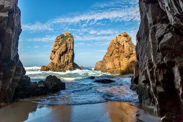 Rock cliffs from Praia da Ursa beach on coast of Portugal - obrazy, fototapety, plakaty