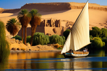 Embark on a thrilling felucca ship adventure down the Nile River, taking in all the sights and sounds of Egypt. From the bustling markets of Cairo to the inspiring temples of Luxor. AI generative - obrazy, fototapety, plakaty