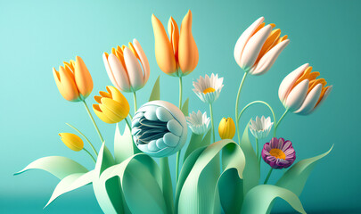 Vibrant tulips arranged in a bunch on a serene blue background, perfect for Easter invites