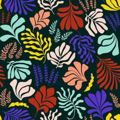 Abstract background with leaves and flowers, Matisse style. Vector seamless pattern with Scandinavian cut out elements.