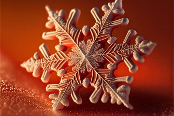 snowflake macro lies on red background, created with Generative AI technology