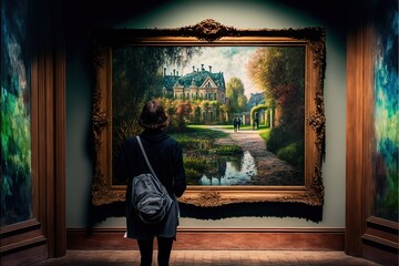 person viewing an impressionist painting, concept of Perception and Aesthetics, created with Generative AI technology - obrazy, fototapety, plakaty