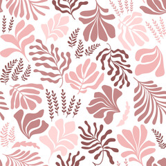 Abstract background with leaves and flowers, Matisse style. Vector seamless pattern with Scandinavian cut out elements.