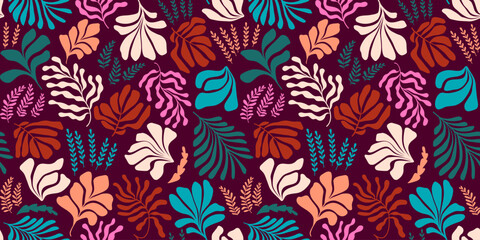 Fototapeta premium Abstract background with leaves and flowers, Matisse style. Vector seamless pattern with Scandinavian cut out elements.