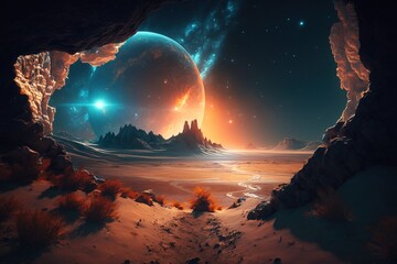 Stunning Night extraterrestrial scene. Huge mountains against Starry sky. Fantasy landscape. Alien planet. Generative AI illustration.