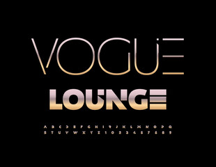 Vector creative Emblem Vogue Lounge. Bright Golden Font. Trendy Alphabet Letters and Numbers set
