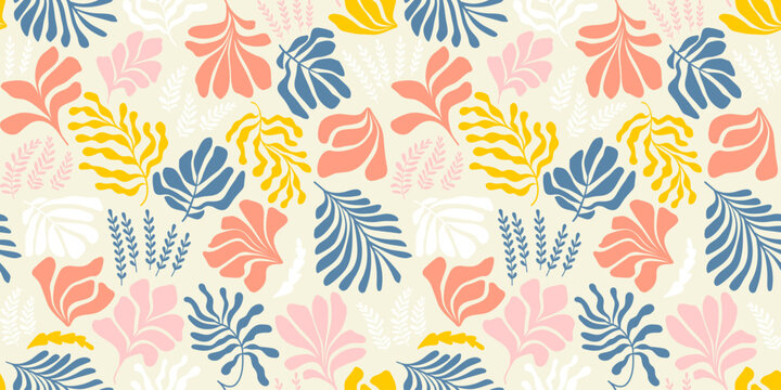 Abstract background with leaves and flowers, Matisse style. Vector seamless pattern with Scandinavian cut out elements.