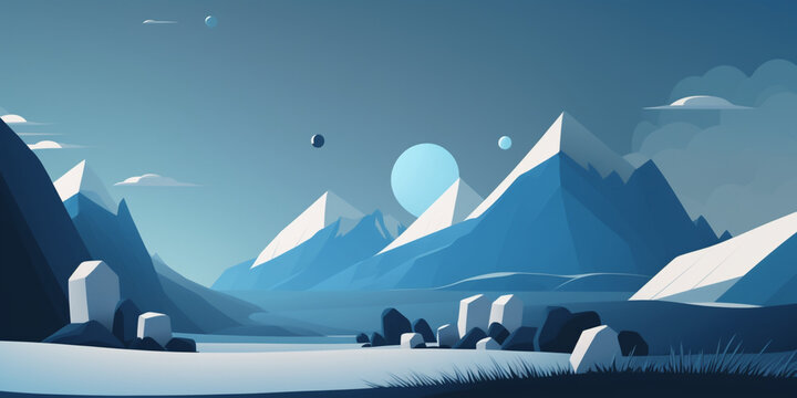 Landscape Cartoon Blue, Minimalist Background, Generative IA