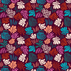 Abstract background with leaves and flowers, Matisse style. Vector seamless pattern with Scandinavian cut out elements.