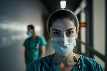 Fototapeta na wymiar Young 30-year-old Caucasian female doctor wearing a face mask in a hospital, concept of protest and demonstration in defense of public health, primary care healthcare staff strike, generative AI