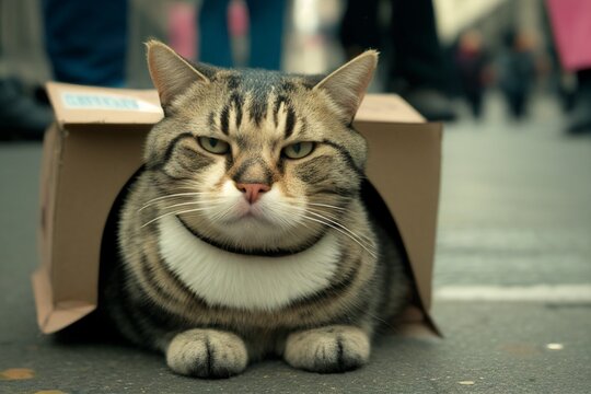 Photorealistic illustration of a tabby lonely independant cat under a cardboard, kitty thinking don't bother me, I am a snail, leave me alone, street photograph style digital AI Generative portrait 