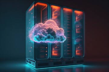 Cloud computing concept: Server in the cloud with colorful neon highlights. AI