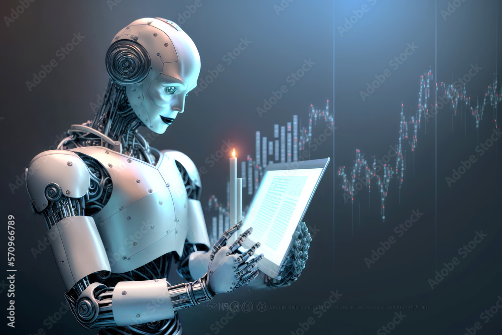 Poster humanoid robot as a securities trader with a notebook and candle stick chart. generative ai